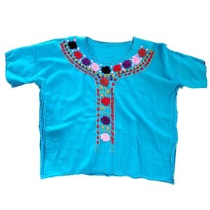 Johnny Was Vintage Crop Blue Embroidered Blouse Sz Large